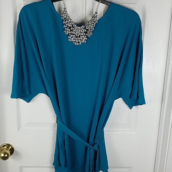 Worthington Tops - Worthington, Teal tunic top with tie belt, size OX